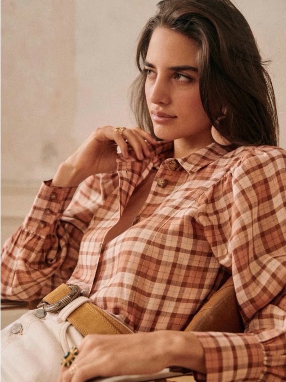 NWT Sezane Chemuse Bonny Carreaux Rose Beige Shirt in US Size 4